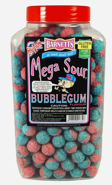Extremely Sour Bubblegum flavoured sweets with an acid centre.